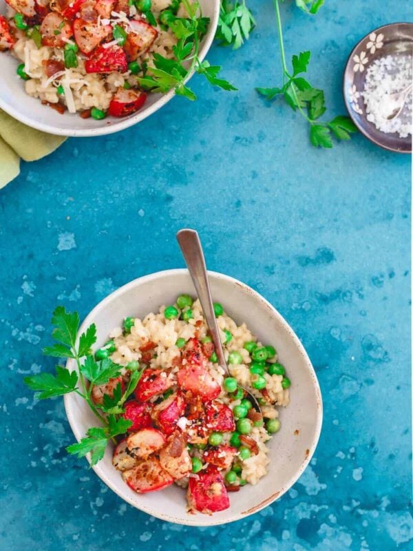 Citrus infused creamy arborio rice is tossed with fresh spring peas and Meyer lemon dijon roasted radishes. Topped with crumbly bacon and freshly grated parmesan, this is pea and radish risotto is spring comfort food at its best!