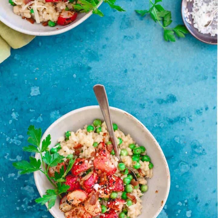 Citrus infused creamy arborio rice is tossed with fresh spring peas and Meyer lemon dijon roasted radishes. Topped with crumbly bacon and freshly grated parmesan, this is pea and radish risotto is spring comfort food at its best!