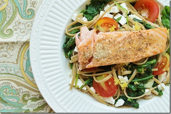 Lemon Spinach and Feta Linguine topped with salmon