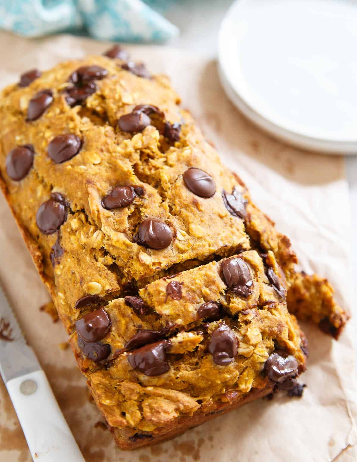 This pumpkin banana chocolate chip bread is a delicious fall treat sweet enough to be dessert and light enough to be breakfast. The perfect fall treat!