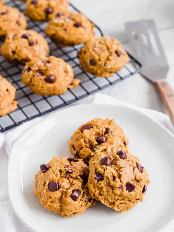 Chewy vegan chocolate chip pumpkin cookies.