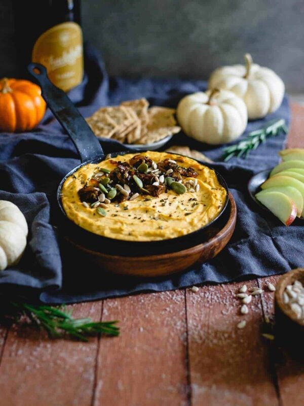 Pumpkin goat cheese dip with caramelized onions can be served warmed or cold, it's a great addition to your party spread and perfect for the holidays. Try it with crackers, sliced fall/winter fruits or vegetables!