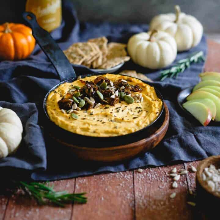 Pumpkin goat cheese dip with caramelized onions can be served warmed or cold, it's a great addition to your party spread and perfect for the holidays. Try it with crackers, sliced fall/winter fruits or vegetables!