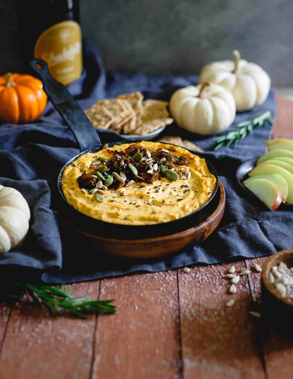 Pumpkin goat cheese dip with caramelized onions can be served warmed or cold, it's a great addition to your party spread and perfect for the holidays. Try it with crackers, sliced fall/winter fruits or vegetables!