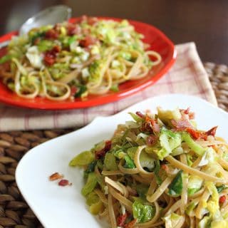 Brussels Sprouts Bacon and Sun Dried Tomato Pasta