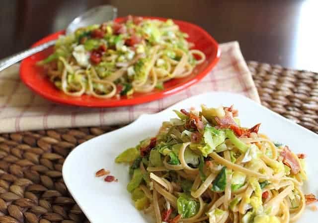 Brussels sprouts, bacon and sun-dried tomato pasta