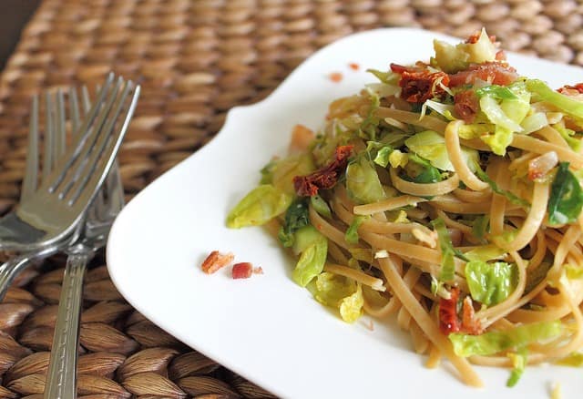 Brussels sprouts bacon and sun-dried tomato pasta