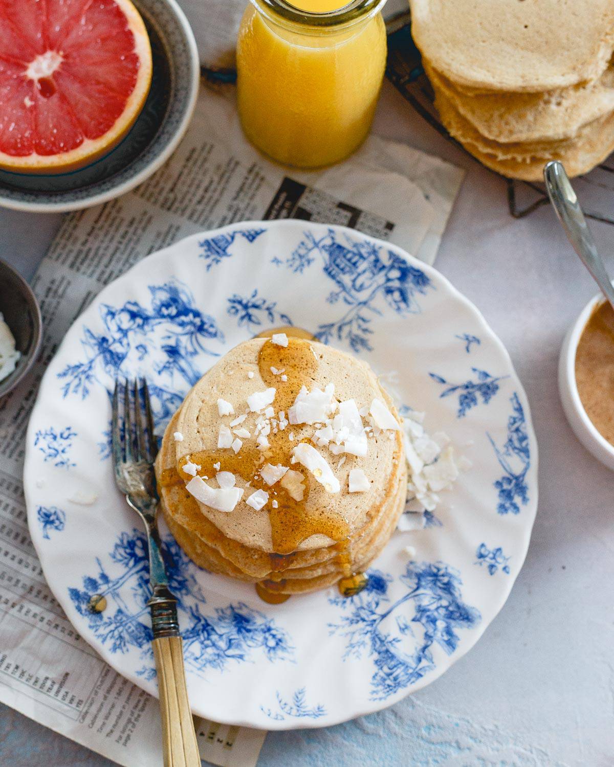 Spelt and coconut flour combine to make the perfect doughy and moist pancake breakfast.