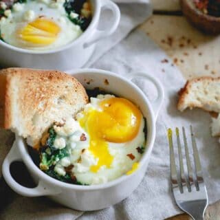 This easy kale feta egg bake is a perfect quick weeknight dinner or savory breakfast. Add cooked ground sausage for a heartier meat version.