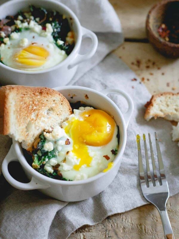 This easy kale feta egg bake is a perfect quick weeknight dinner or savory breakfast. Add cooked ground sausage for a heartier meat version.