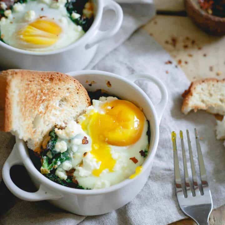 This easy kale feta egg bake is a perfect quick weeknight dinner or savory breakfast. Add cooked ground sausage for a heartier meat version.