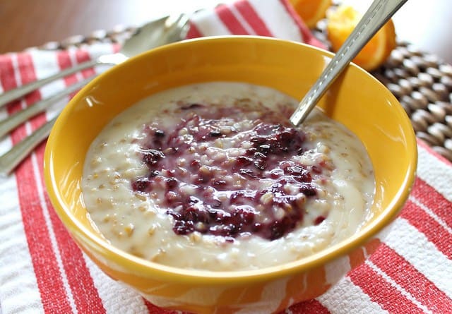 Steel cut oatmeal with blackberry sauce