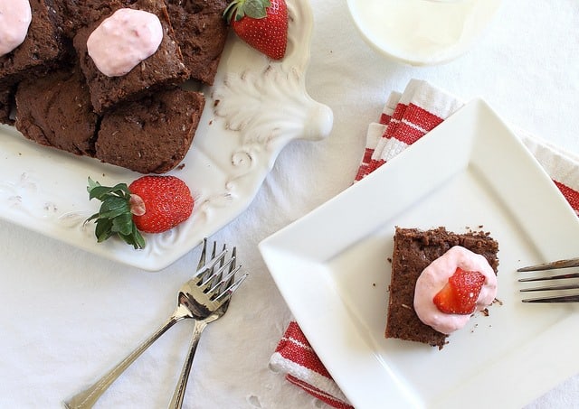 Fudgy chocolate coconut brownies with strawberry cream cheese frosting are the perfect Valentine's Day treat!