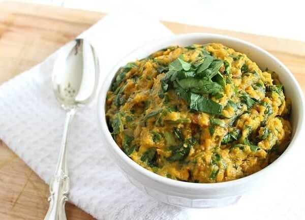 Goat cheese and spinach mashed sweet potatoes