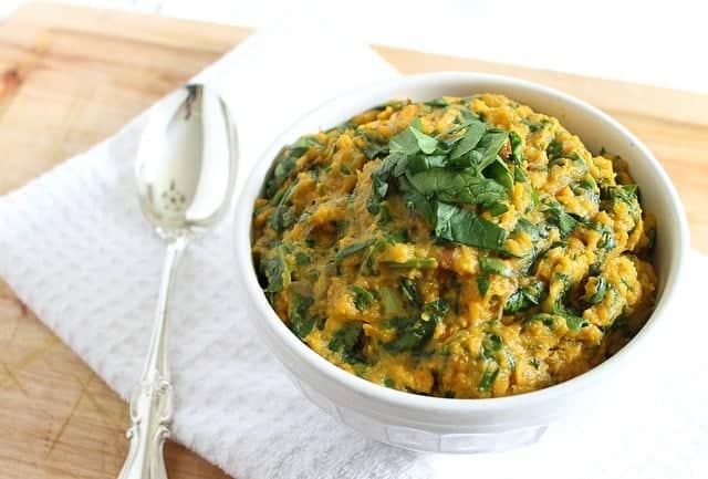 Goat cheese and spinach mashed sweet potatoes