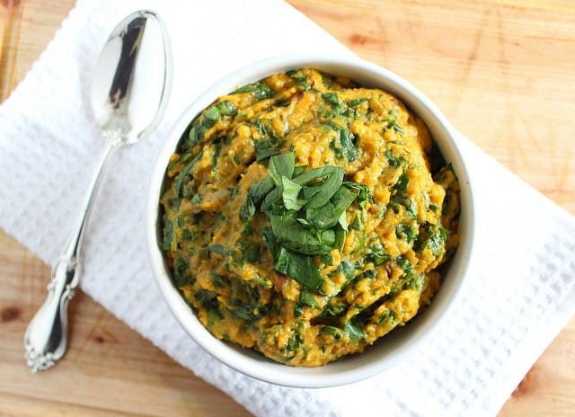 Goat cheese mashed sweet potatoes with spinach