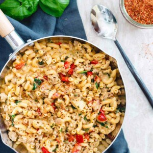 Turkey skillet mac and cheese is creamy and decadent tasting but still an easy and healthy dinner you can have ready in just 30 minutes with only one dirty pot!