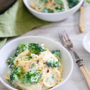 This Lightened Up Spaghetti Alfredo with broccoli is creamy, cheesy and decadent but much healthier than the original so you can feel good about eating it.