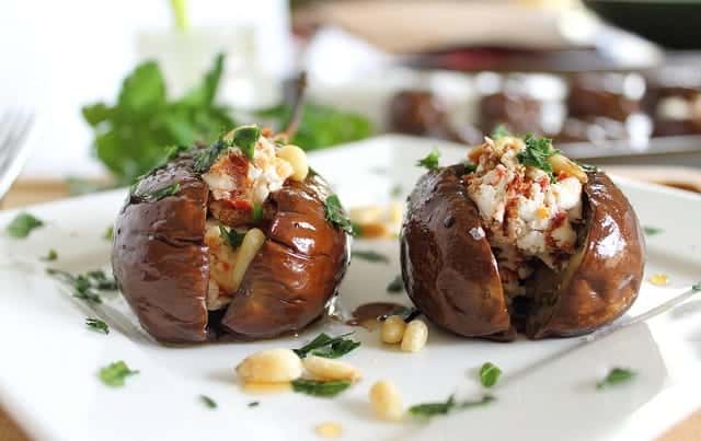 Roasted baby eggplants with goat cheese stuffing