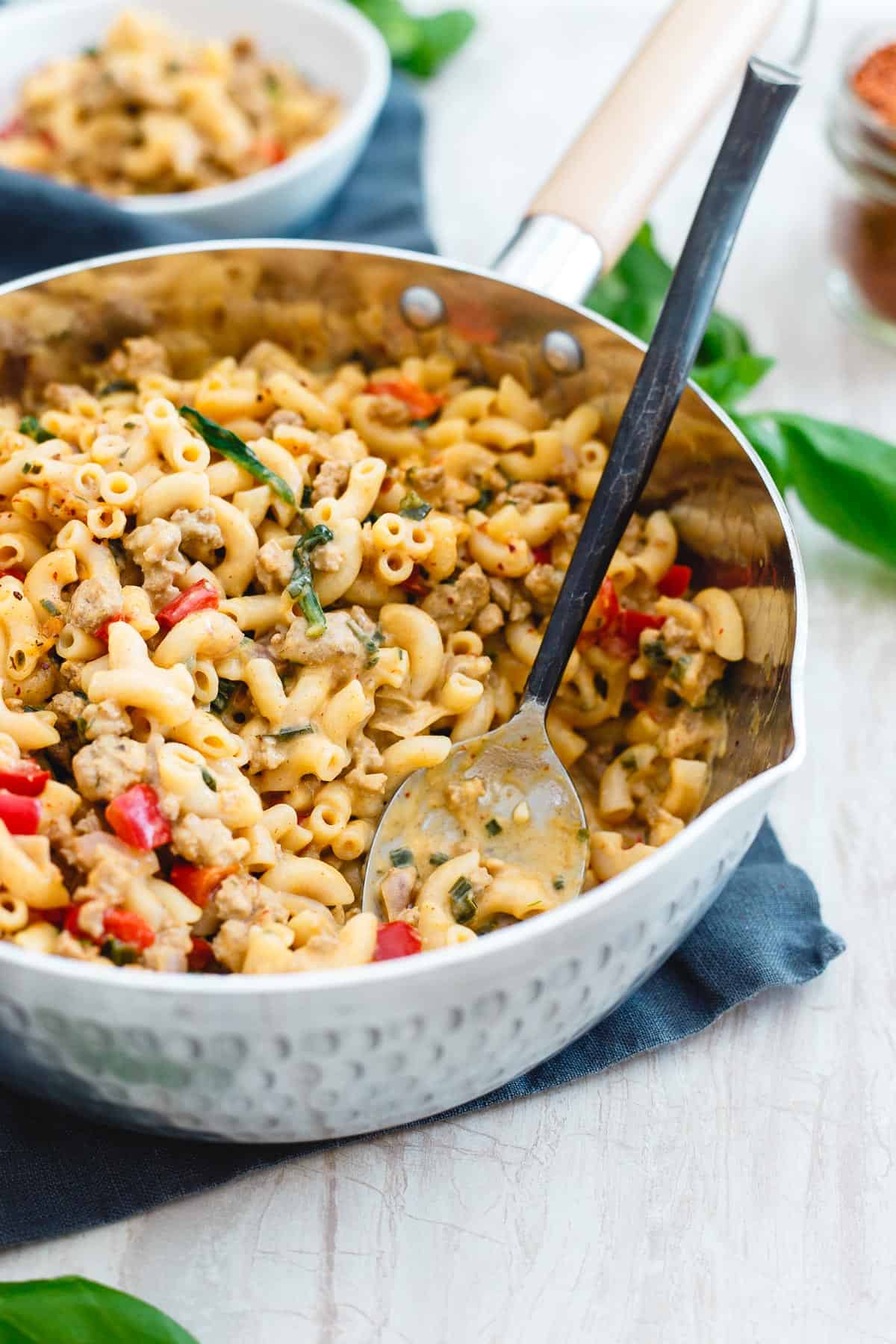 Turkey skillet mac and cheese is creamy and decadent tasting but still an easy and healthy dinner you can have ready in just 30 minutes with only one dirty pot!