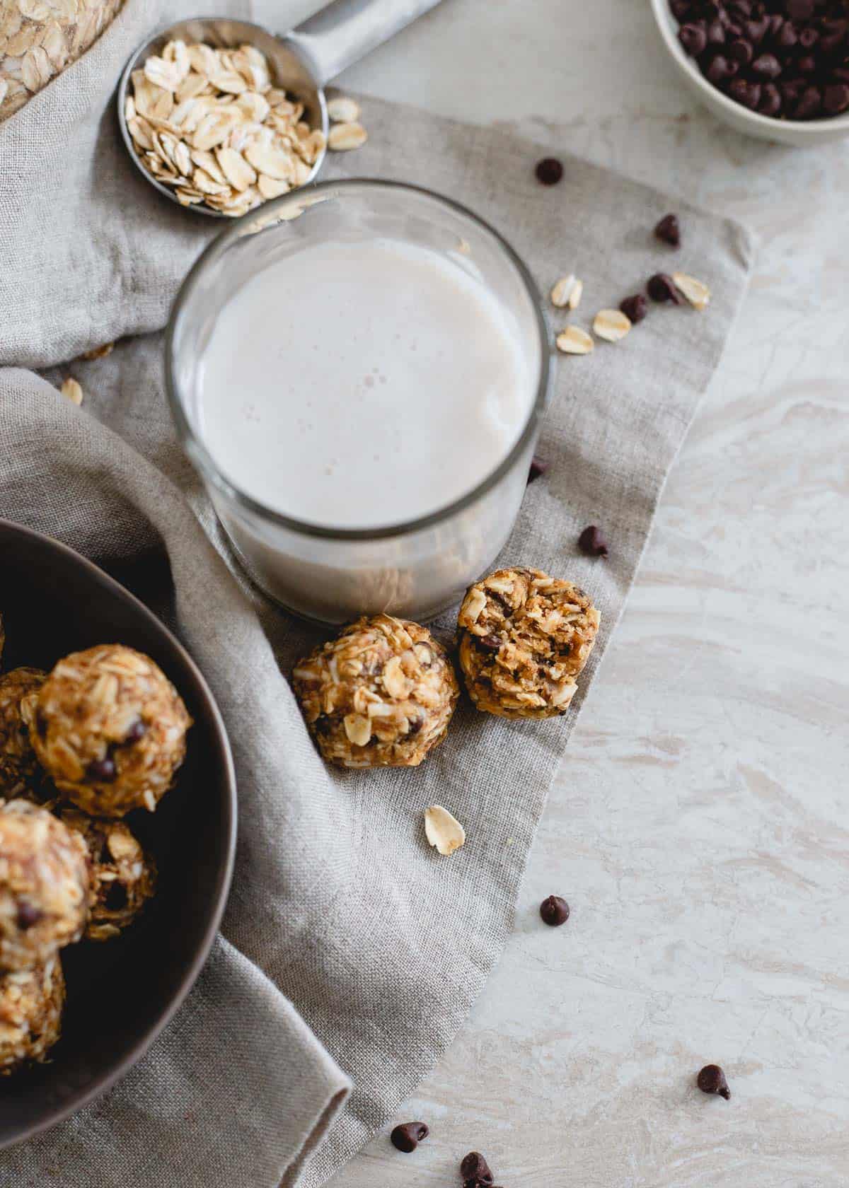 No bake peanut butter chocolate chip balls are a healthy snack that work double duty as a sweet treat!