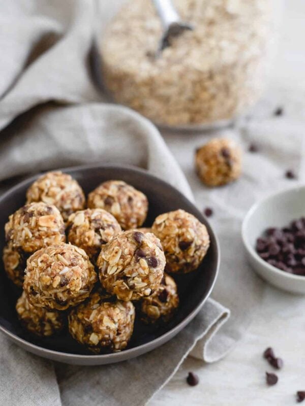 These no bake peanut butter chocolate chip balls taste just like a Reese's peanut butter cup but made with all real food. They're the perfect tasty snack when you're craving a sweet treat!