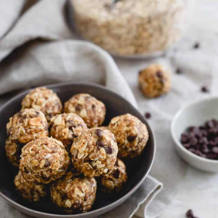These no bake peanut butter chocolate chip balls taste just like a Reese's peanut butter cup but made with all real food. They're the perfect tasty snack when you're craving a sweet treat!