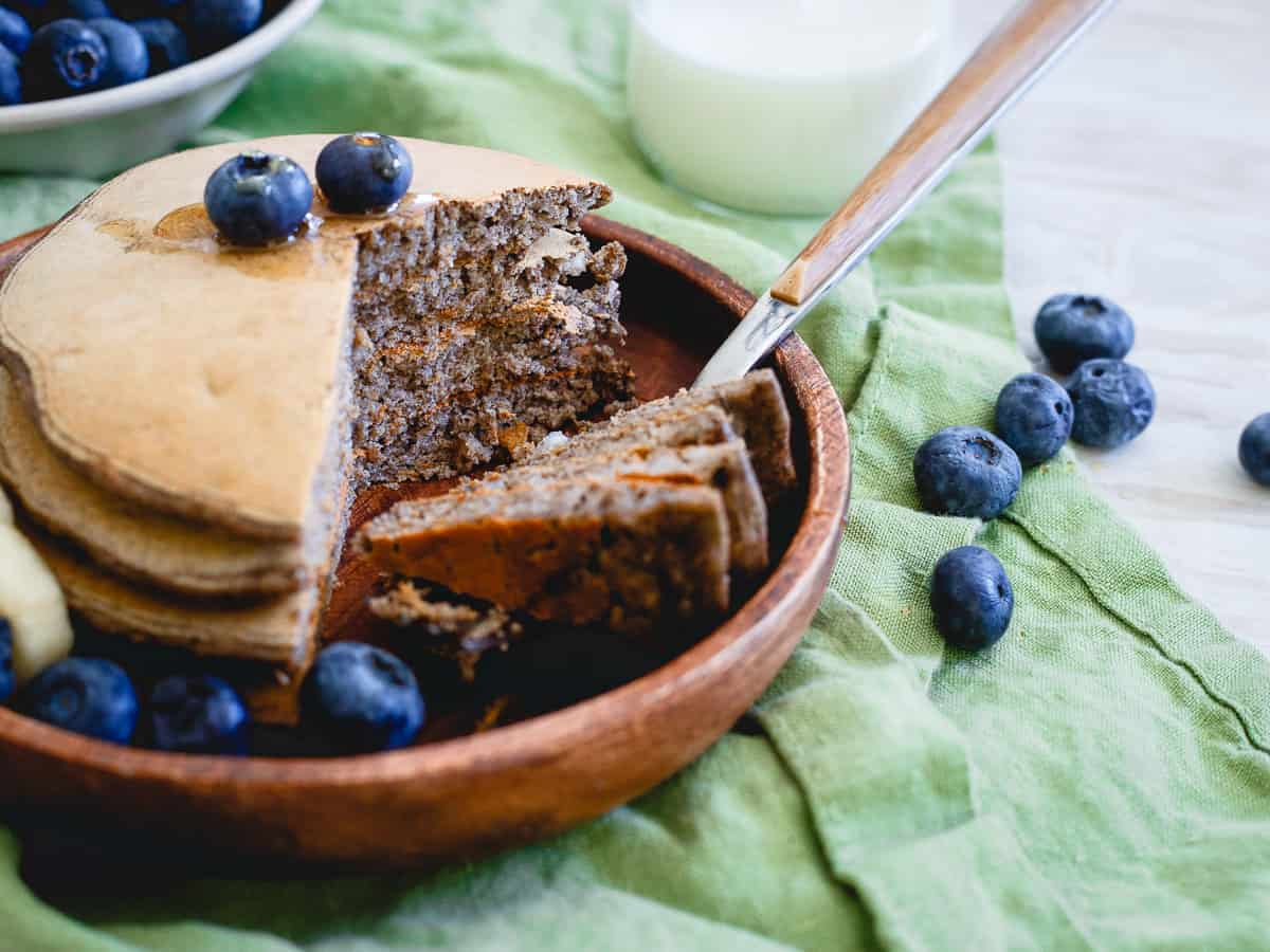 Top these perfect protein pancakes with a little fruit and maple syrup for sweetness and you've got a great, complete meal filled with 30g of protein!