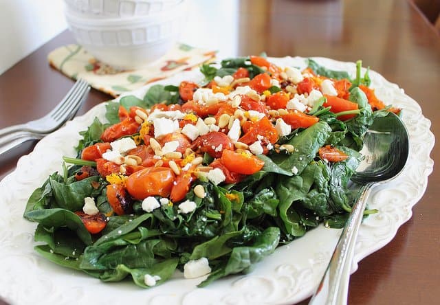 Roasted tomato spinach salad