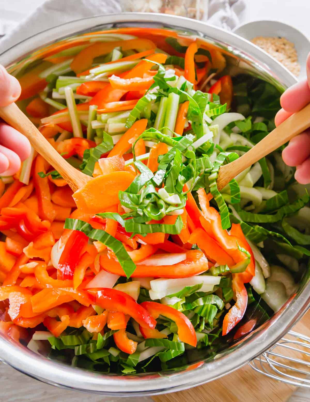 baby bok choy, red bell peppers, celery and carrots make this bok choy salad crispy, crunchy and a deliciously fresh meal.