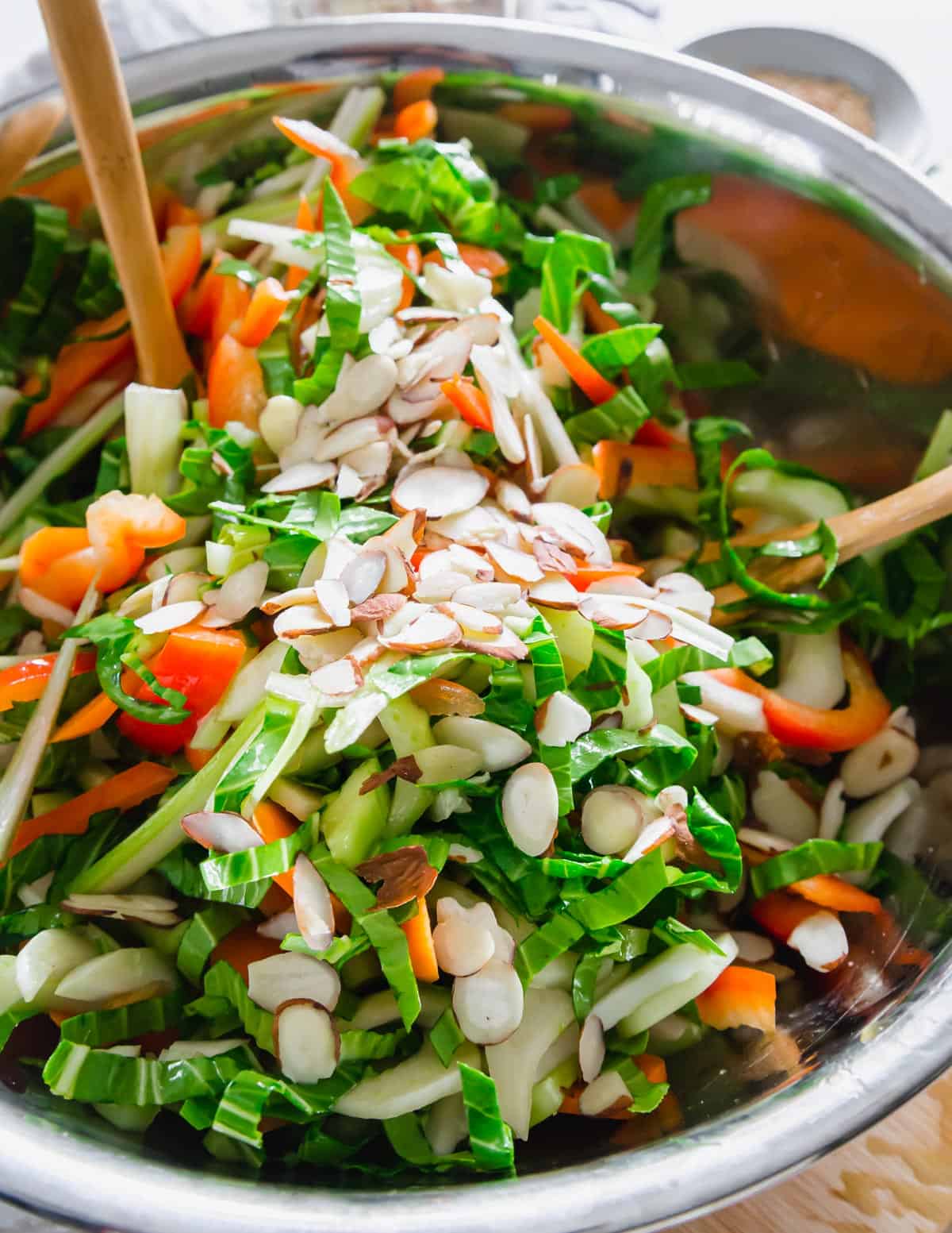 Sliced almonds top this baby bok choy salad for some extra crunch and flavor.