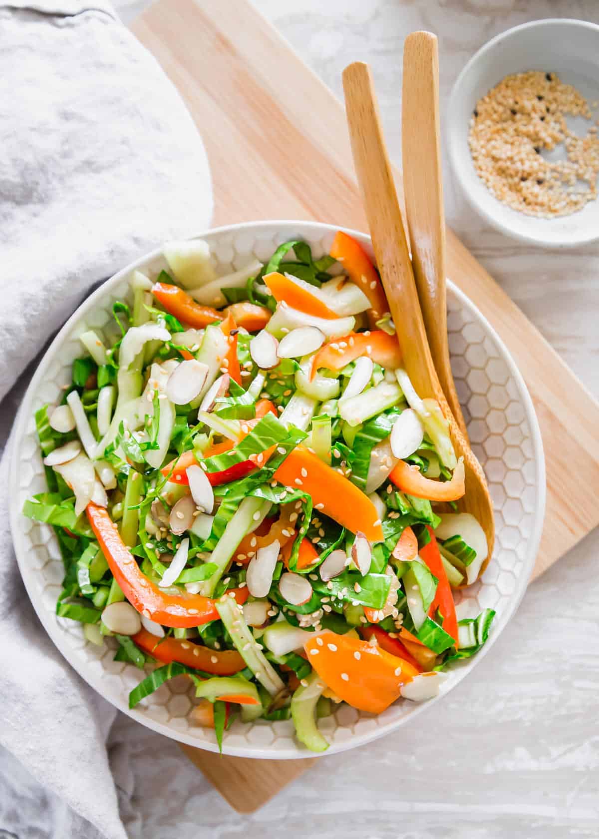 Healthy and nutritious raw bok choy salad with Asian sesame soy dressing.