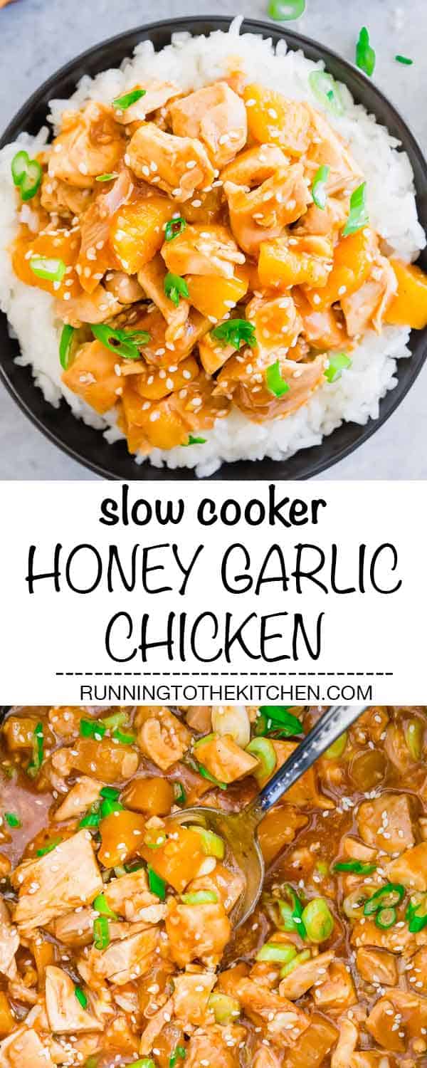 Try this easy recipe for slow cooker honey garlic chicken thighs with a sticky sweet and savory sauce and pineapple for an easy dinner served over rice. #slowcookerchicken #honeygarlicchicken #crockpotchicken