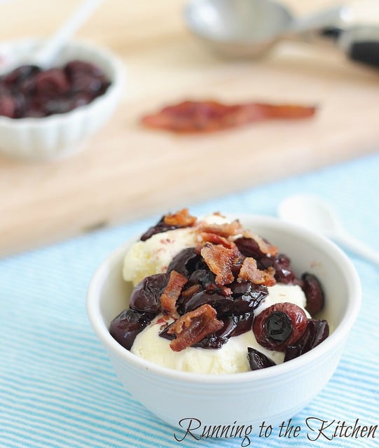 Ice cream with roasted cherries and bacon