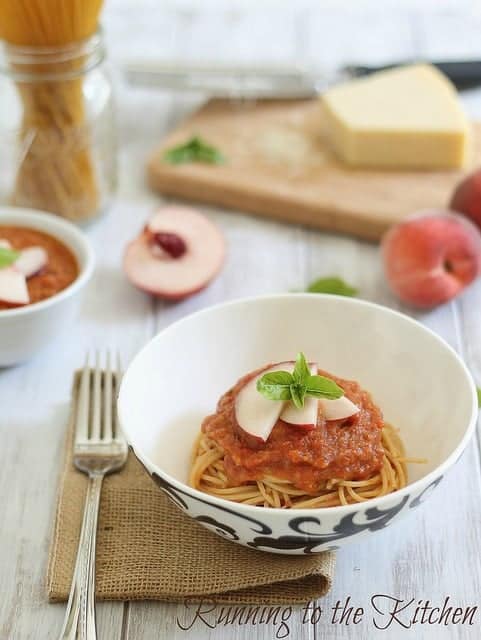 Roasted tomato and peach sauce with spaghetti