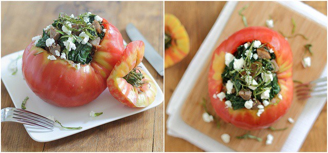 Stuffed heirloom tomatoes with sausage and kale