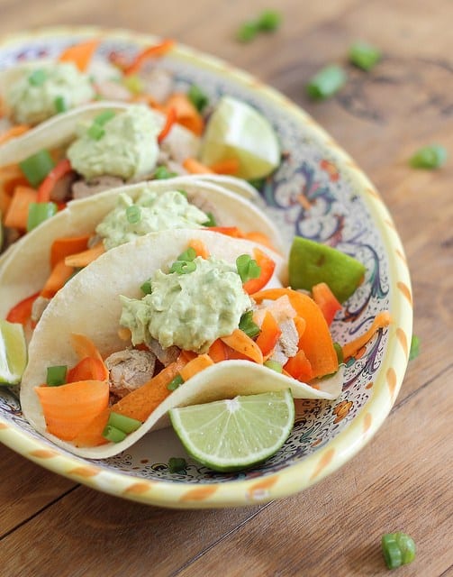 Soy and lime marinaded tuna tacos with a spicy avocado cream are a light and healthy lunch or dinner.