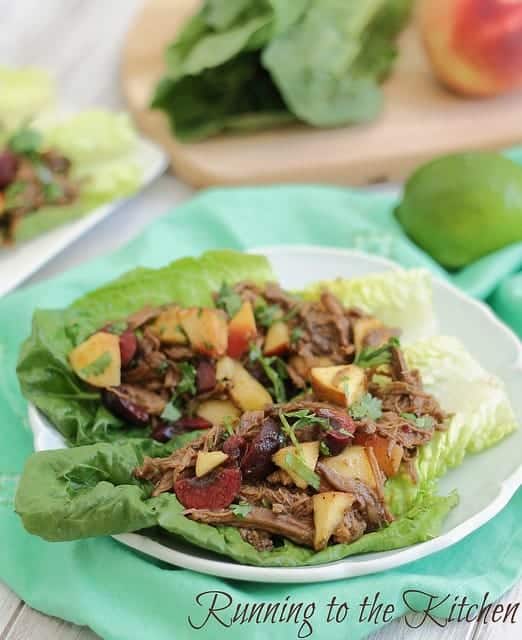 Carnitas lettuce wraps with cherry peach salsa