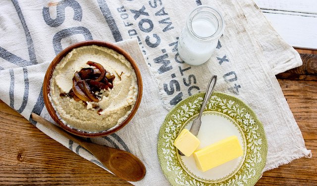 paleo mashed cauliflower with brown butter and caramelized onions