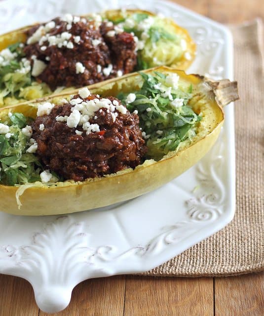 Stuffed spaghetti squash with chili is a healthy way to get your chili fix in.