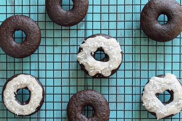 Chocolate donuts with coconut vanilla bean icing