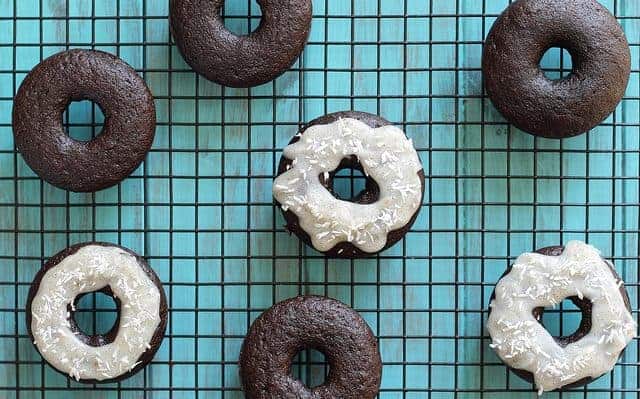 Chocolate donuts with coconut vanilla bean icing