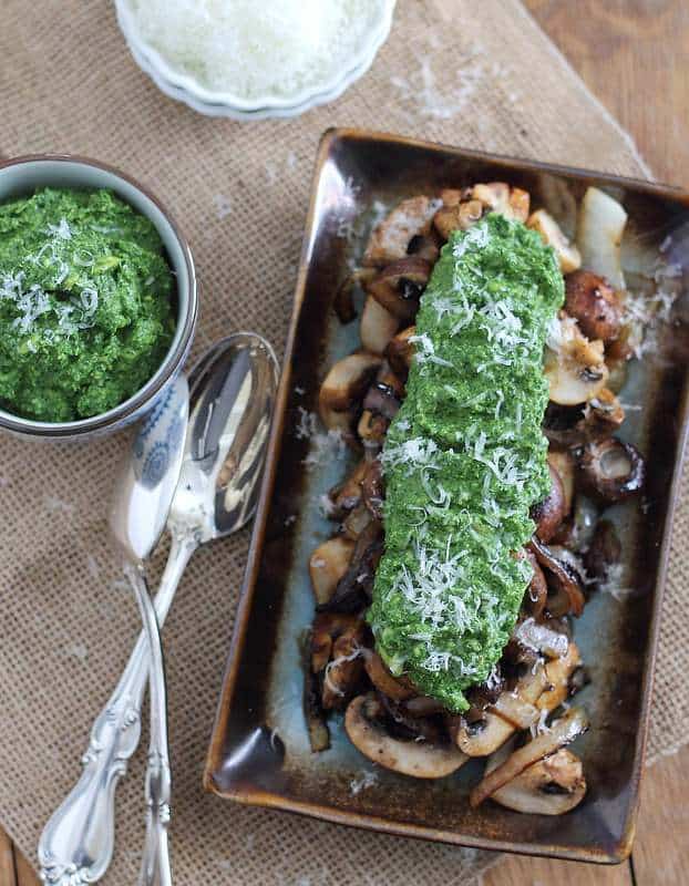 caramelized mushrooms served with a green pesto guacamole