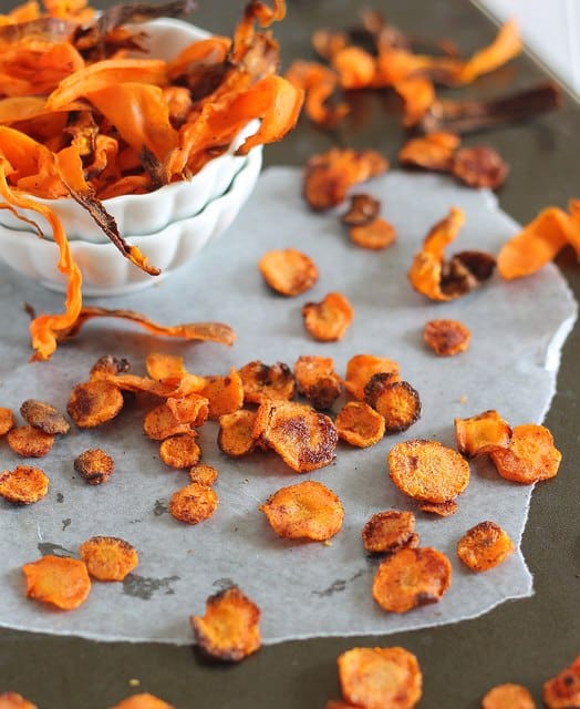 Sweet or spicy baked carrot chips are a fun side dish or appetizer.