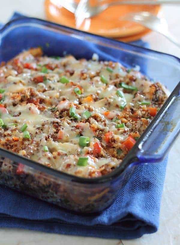 This cheddar chicken quinoa bake is an easy, healthy casserole everyone will love. Use leftover rotisserie chicken for a simple dinner for busy nights! This cheddar chicken quinoa bake is an easy, healthy casserole everyone will love. Use leftover rotisserie chicken for a simple dinner for busy nights!