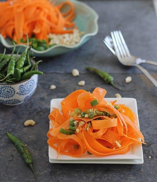 Shaved carrot salad with roasted chili pepper dressing