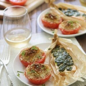30 Minute Pesto Salmon with basil baked tomatoes