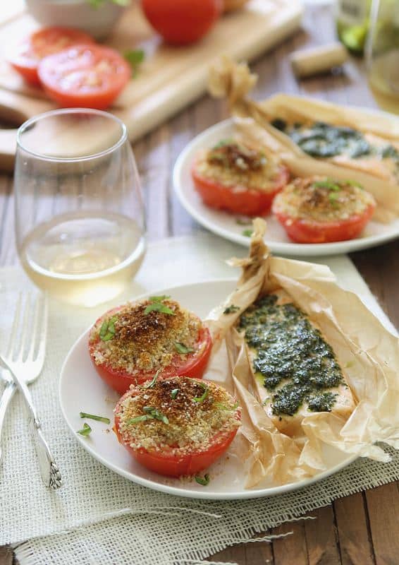 30 Minute Pesto Salmon with basil baked tomatoes