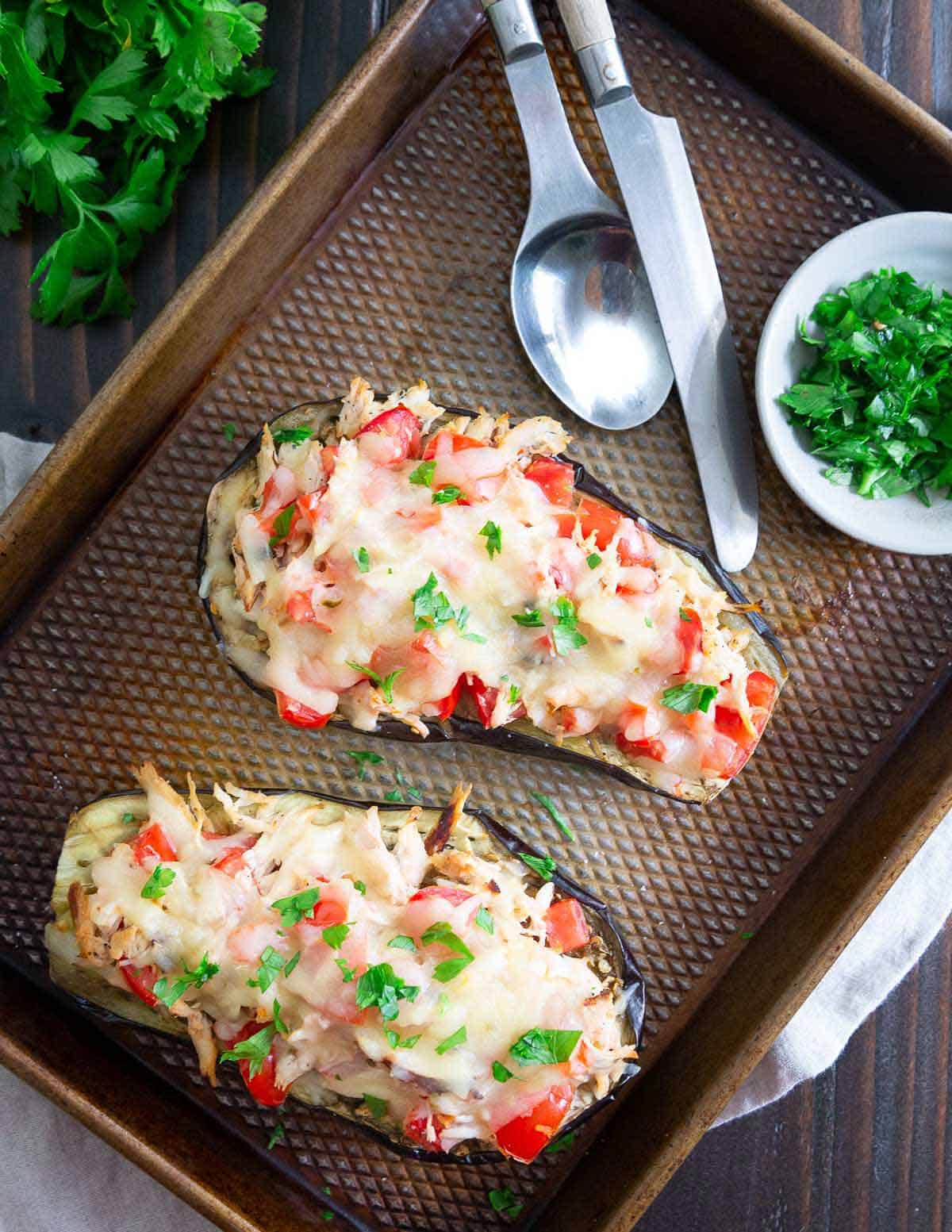 Eggplant stuffed with shredded chicken and cheese makes an easy, flavorful meal.