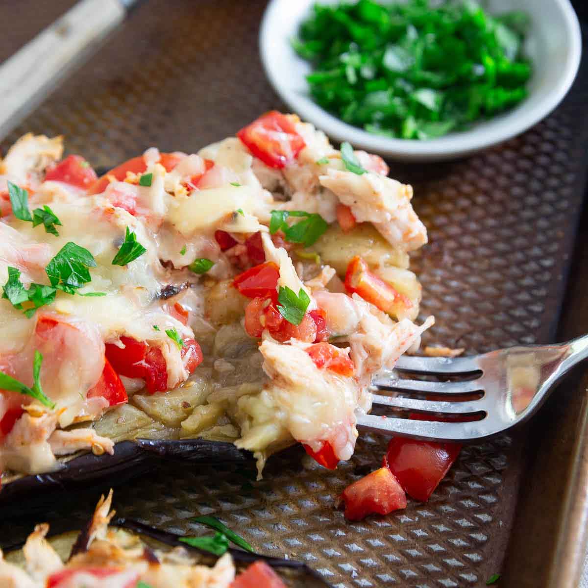 This stuffed eggplant chicken recipe with cheese is full of garlic flavor and perfect for summer.